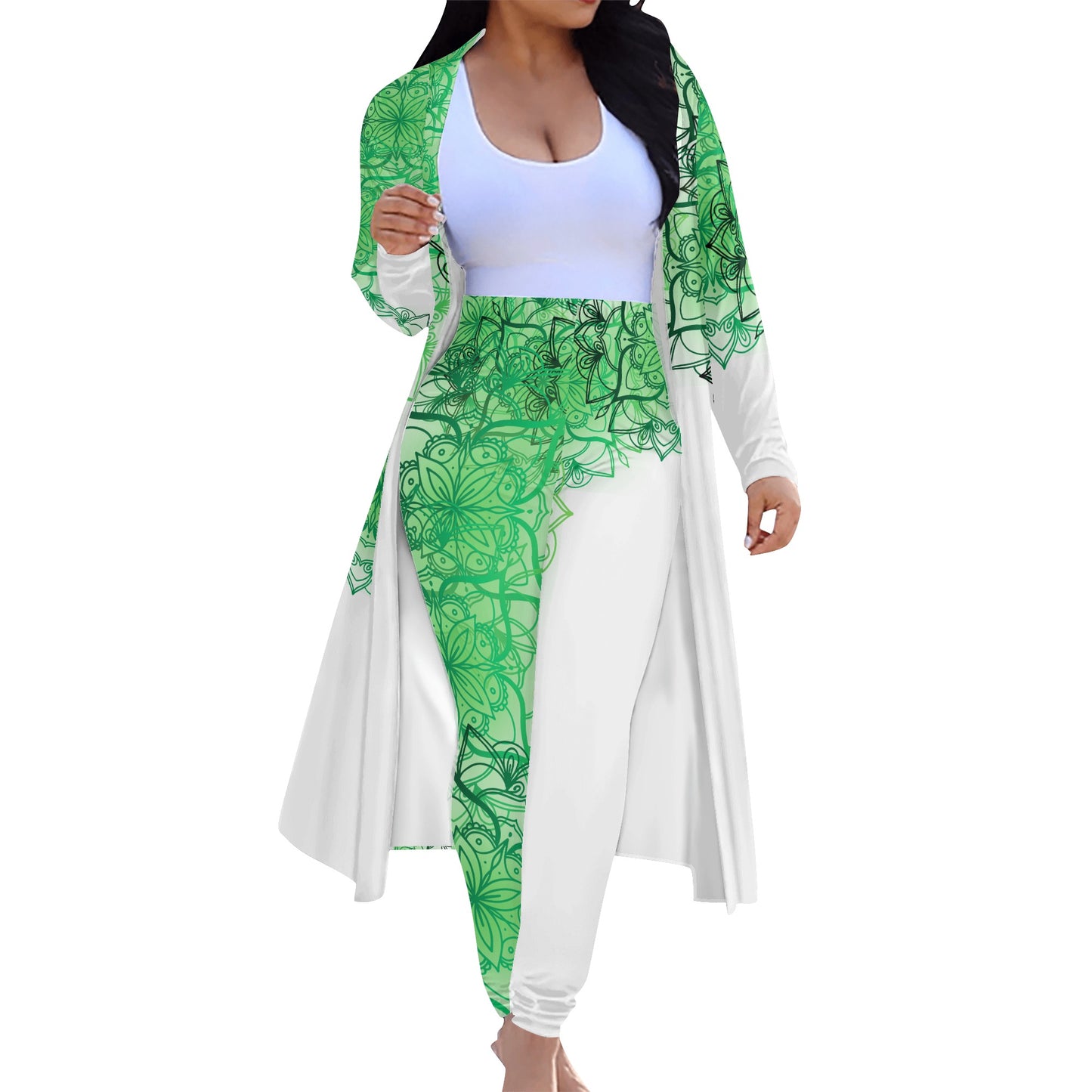 Green Floral White Cardigan and Leggings  2pcs Set