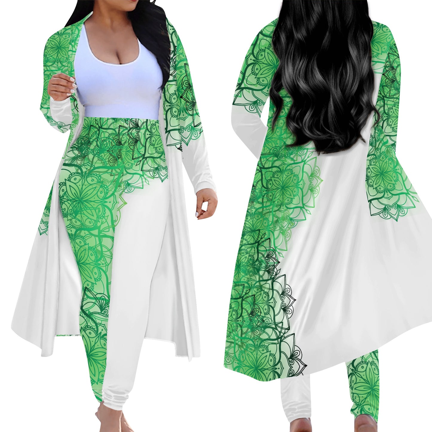 Green Floral White Cardigan and Leggings  2pcs Set