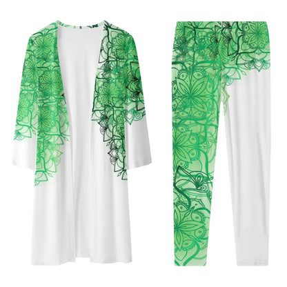 Green Floral White Cardigan and Leggings  2pcs Set