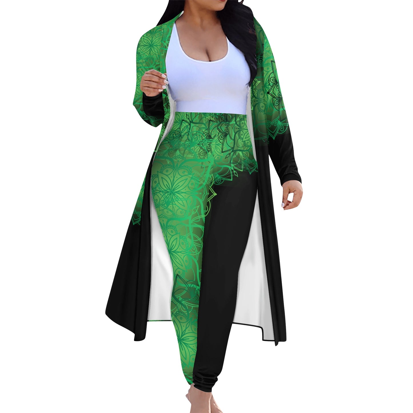 Green Floral Black Cardigan and Leggings Set