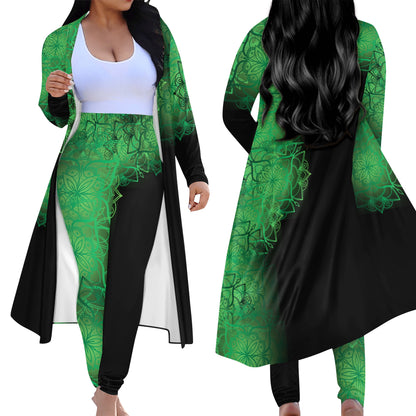 Green Floral Black Cardigan and Leggings Set