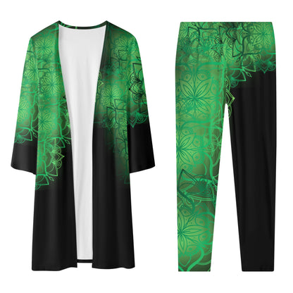 Green Floral Black Cardigan and Leggings Set