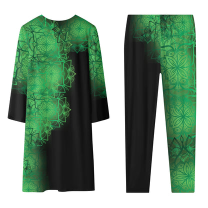 Green Floral Black Cardigan and Leggings Set